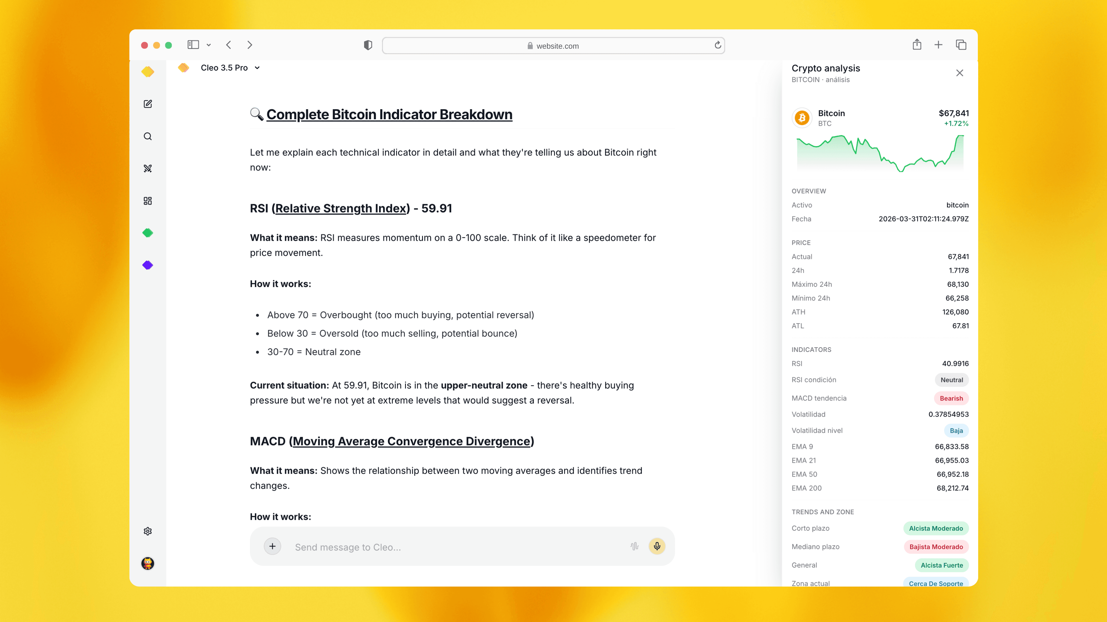 Respuesta detallada con indicadores técnicos y panel de mercado